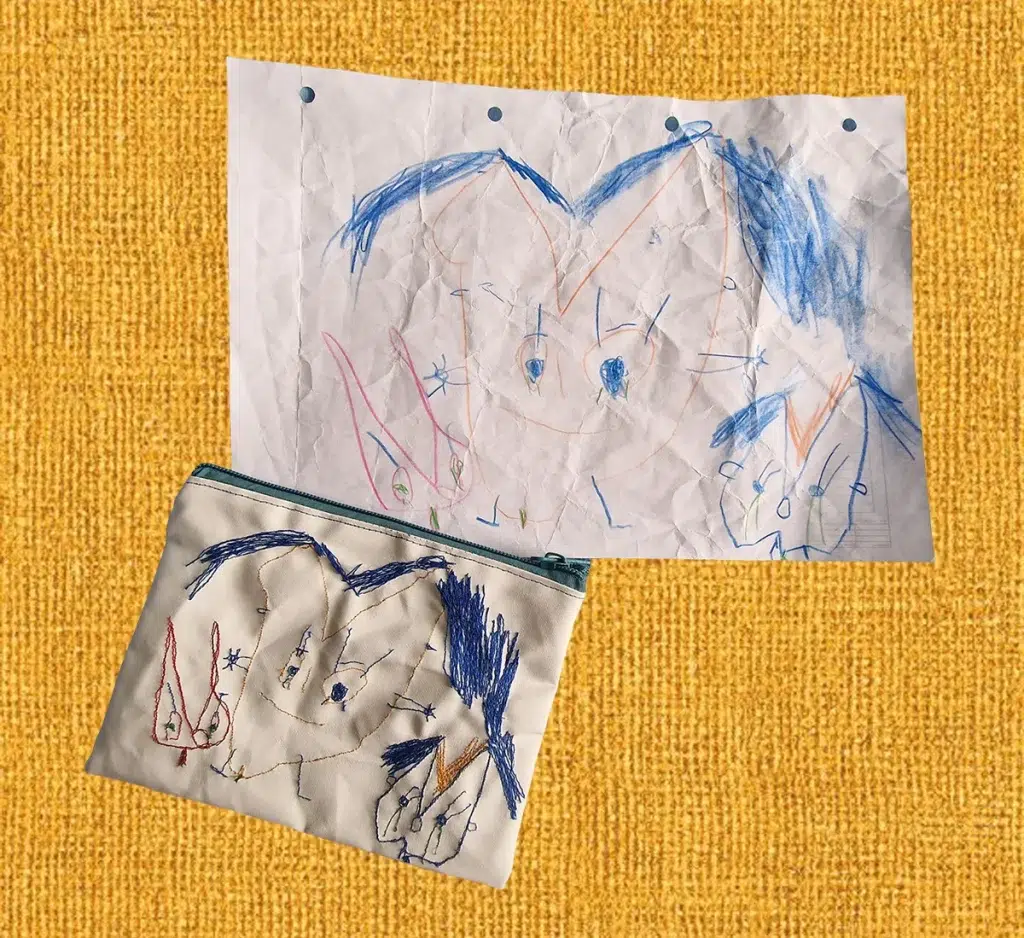 Personalisiertes Mäppchen mit bestickter Kinderzeichnung von textilimprofil.de.